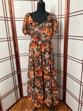 Brown Floral Maxi Dress with Puff Sleeves